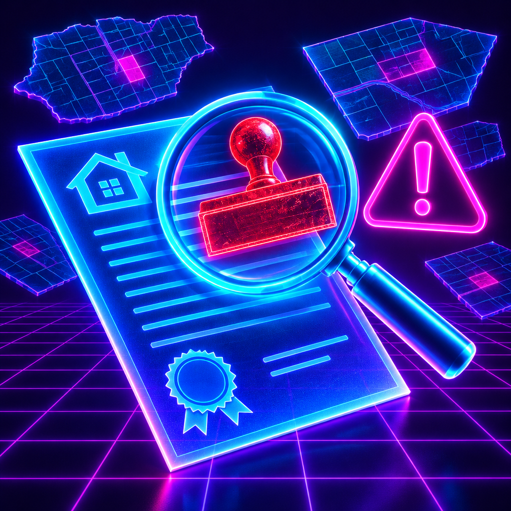 Neon magnifying glass inspecting a holographic land deed with a forged red stamp