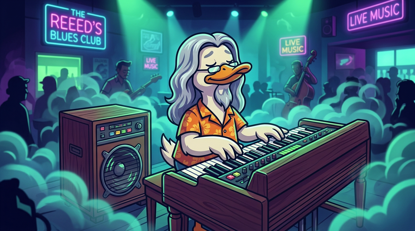 Cartoon duck playing a Hammond B3 style organ in a smoky blues club
