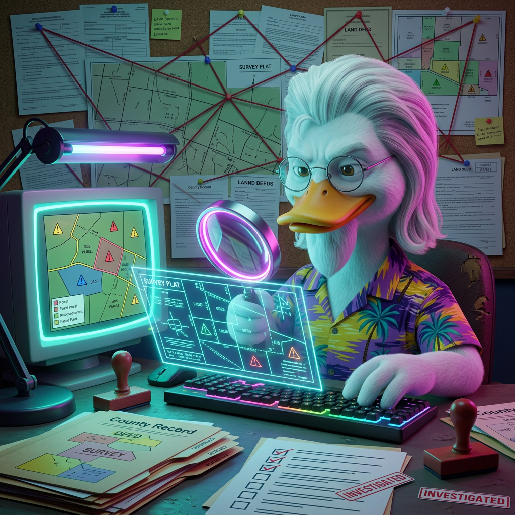Cartoon duck in a Hawaiian shirt working late like a forensic investigator, holding a glowing magnifying glass over a holographic land deed at a desk covered in county records