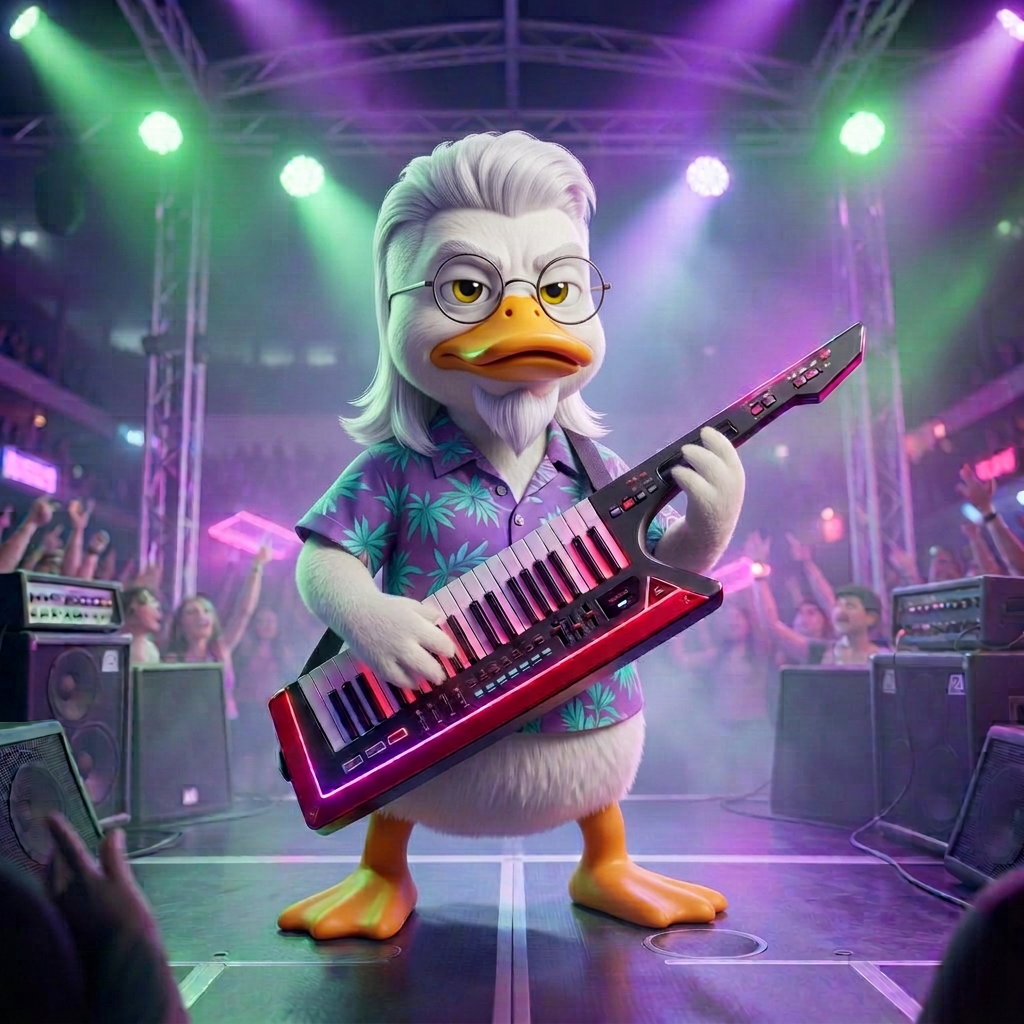 Cartoon duck in a Hawaiian shirt on a festival stage with a keytar, speakers, and stage lights