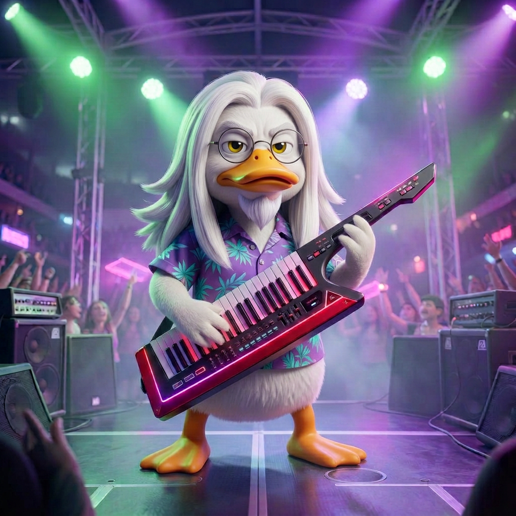 Cartoon duck in a Hawaiian shirt on a festival stage with a keytar, speakers, and stage lights