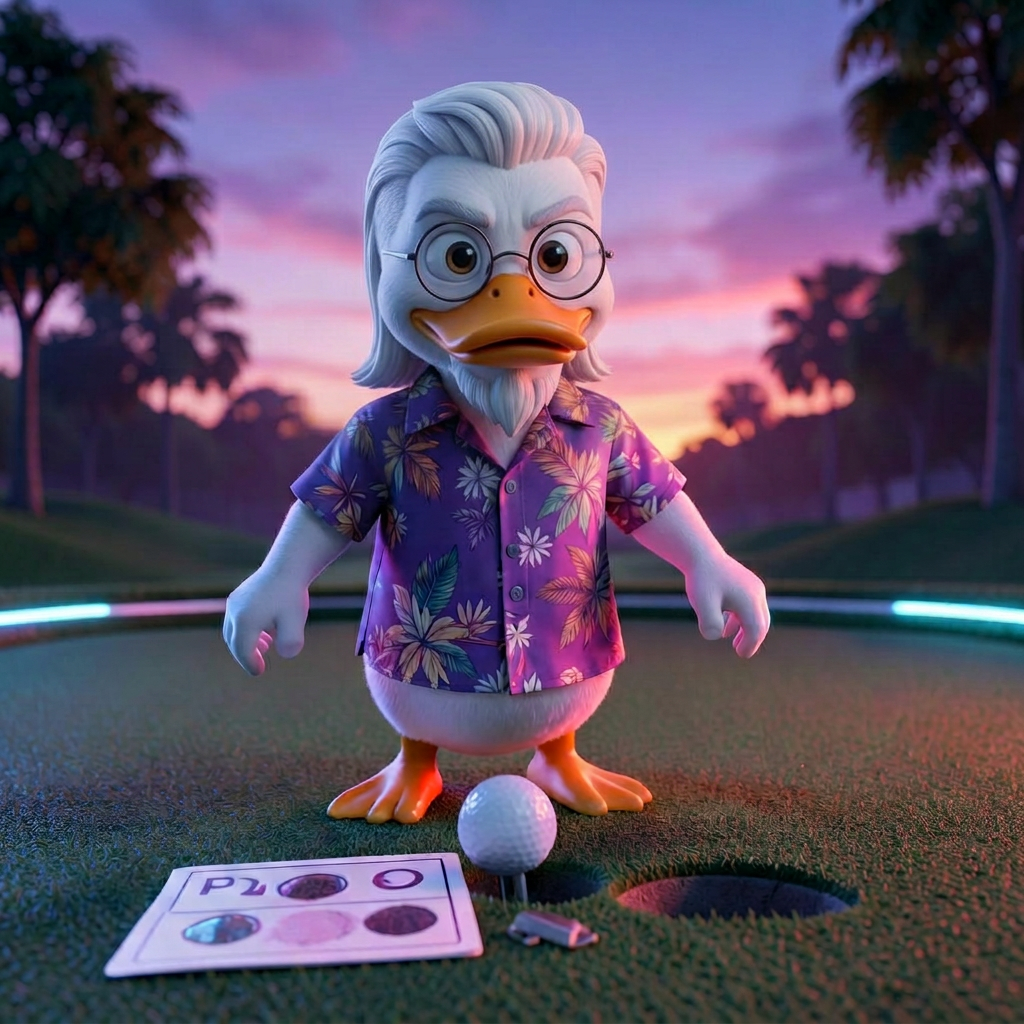 Cartoon duck in a Hawaiian shirt staring in disbelief at a golf ball that lipped out of the hole with a four-putt scorecard