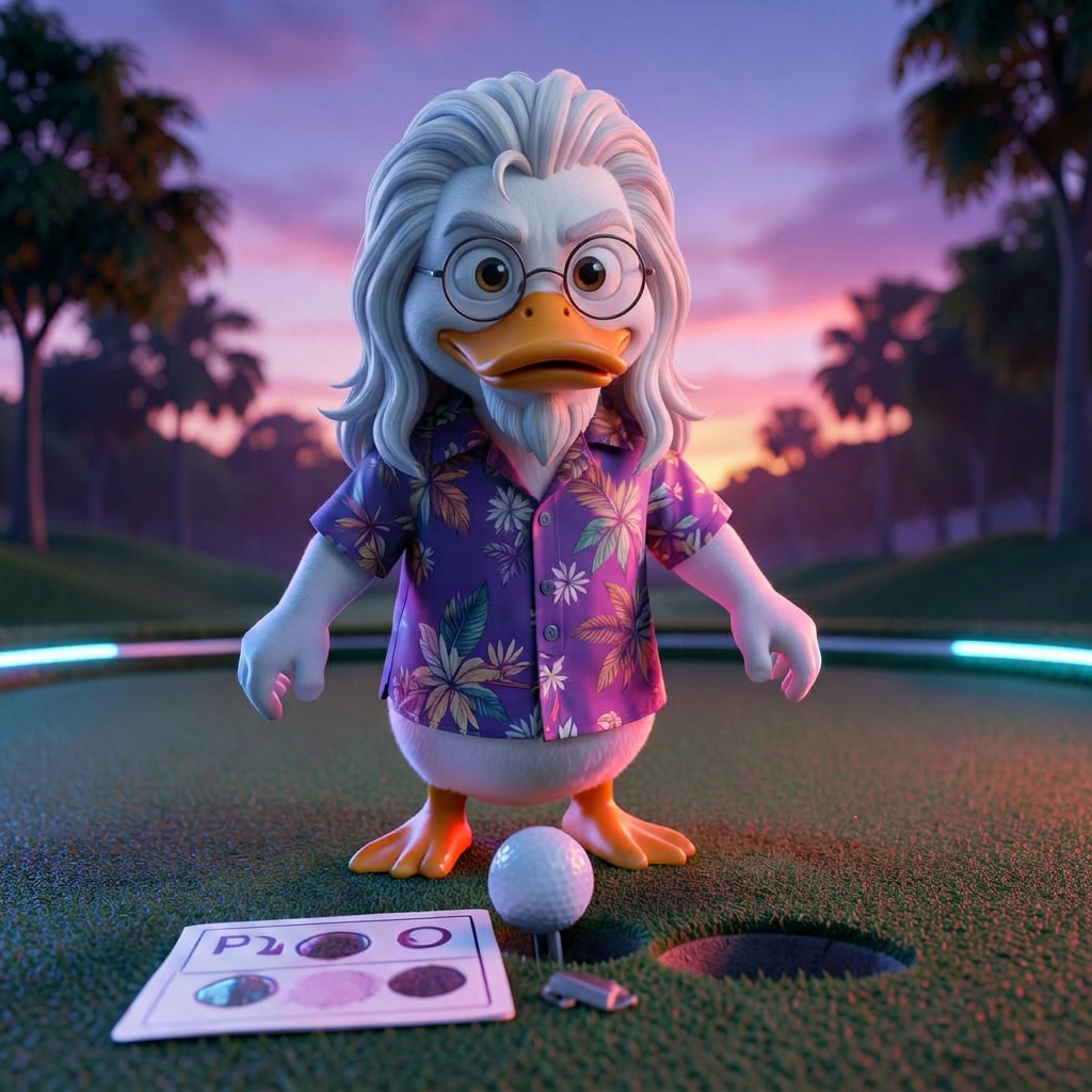 Cartoon duck in a Hawaiian shirt staring in disbelief at a golf ball that lipped out of the hole with a four-putt scorecard