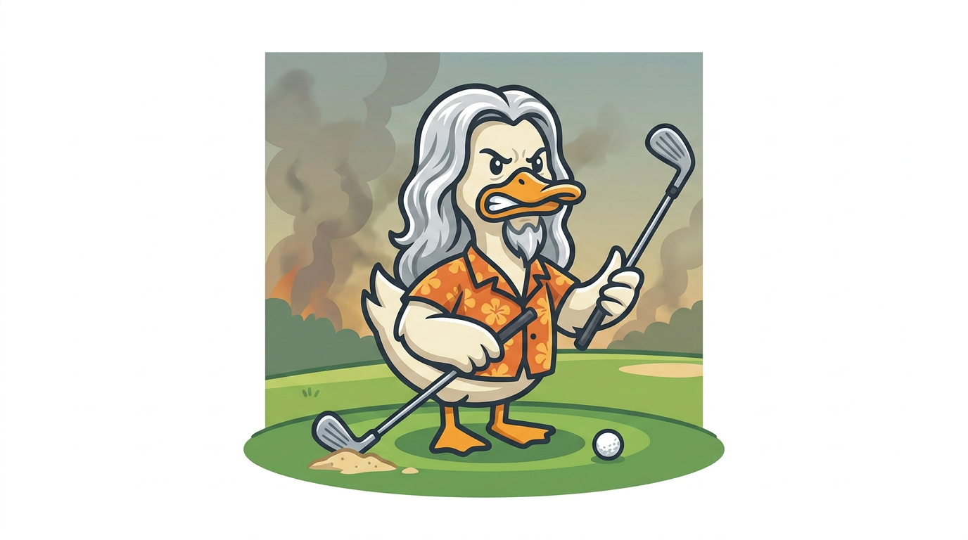 Cartoon duck in a Hawaiian shirt scowling at a golf club under a smoky sky