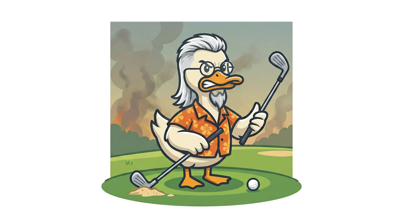 Cartoon duck in a Hawaiian shirt scowling at a golf club under a smoky sky