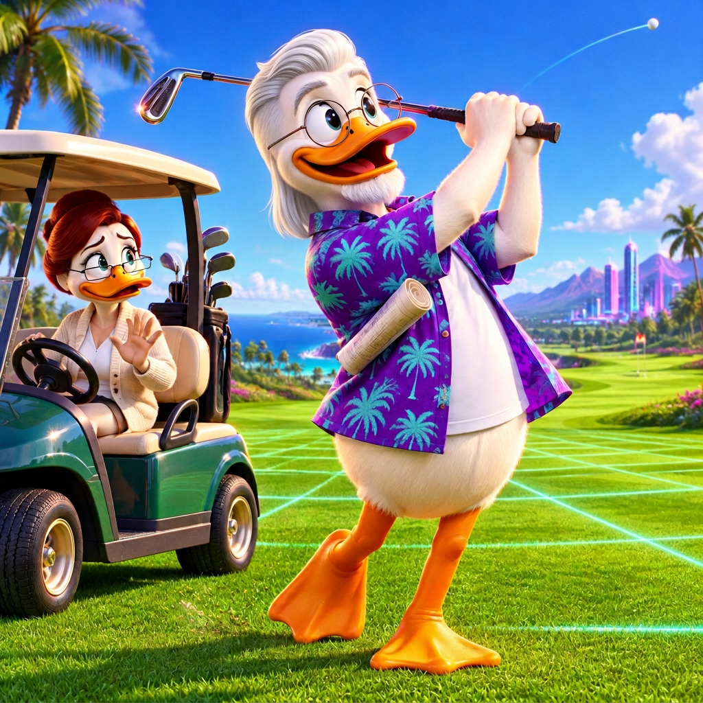 Cartoon duck in a purple palm-tree Hawaiian shirt following through on a golf swing while a worried female duck with dark red hair in a bun watches from a golf cart
