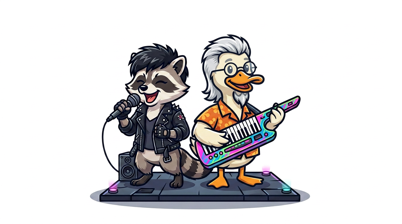 Cartoon duck playing keytar next to an anthropomorphic raccoon singer styled like early-1980s Pat Benatar