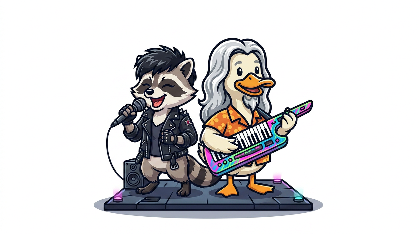 Cartoon duck playing keytar next to an anthropomorphic raccoon singer styled like early-1980s Pat Benatar