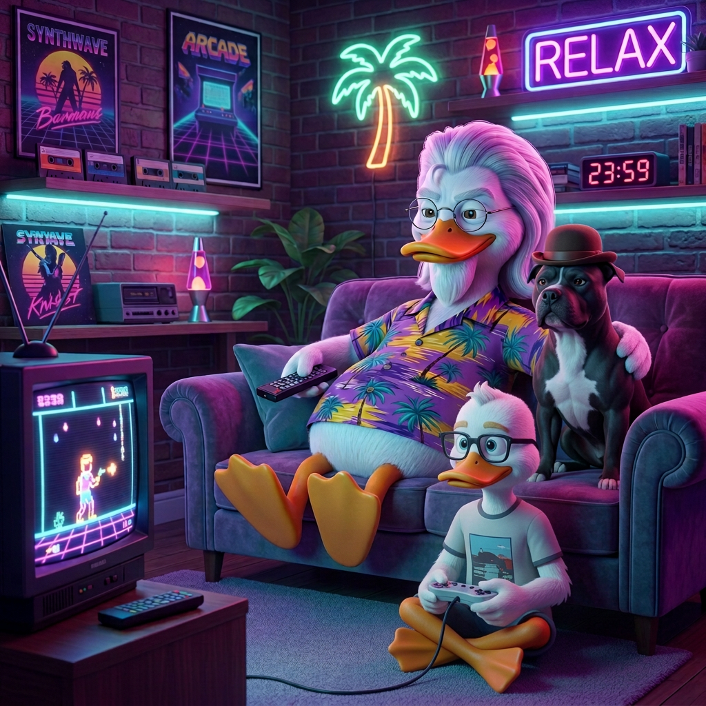 Cartoon duck relaxing on a couch in a neon-lit living room with a bowler-hatted black pit bull and a young duckling with nerdy glasses playing video games