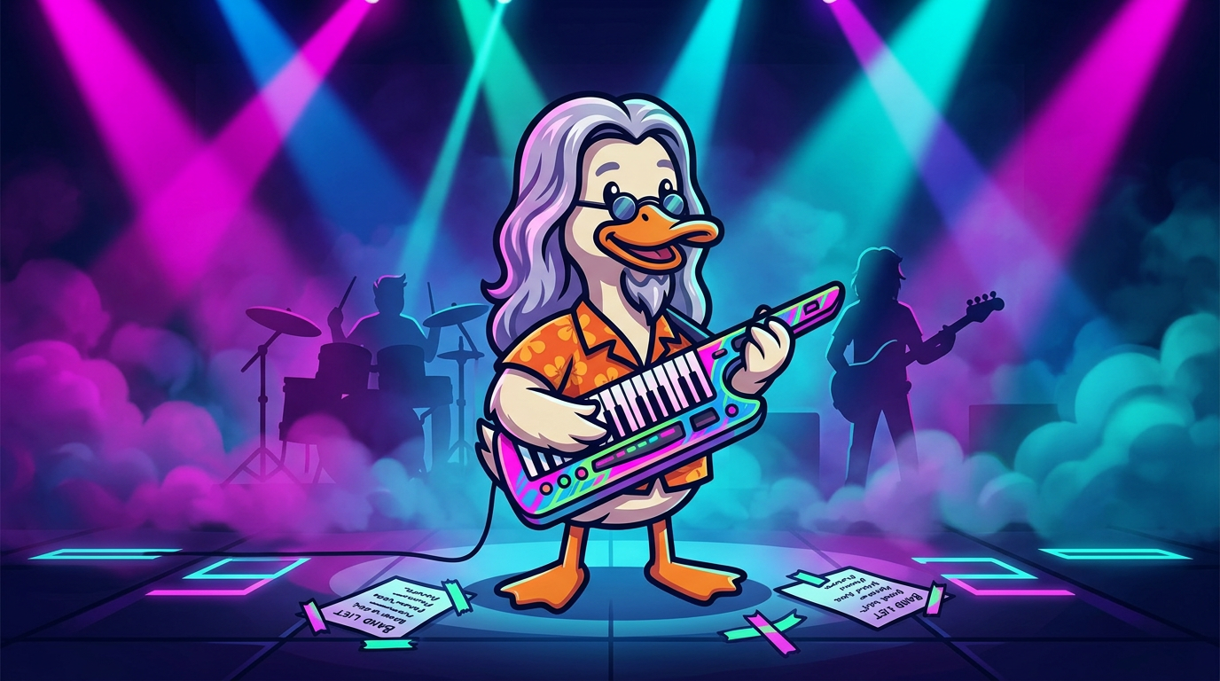 Cartoon duck playing a neon keytar on a stage lit by 1980s spotlights