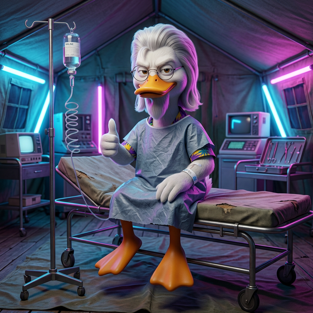 Cartoon duck in a hospital gown sitting on a gurney in a field surgery tent giving a sarcastic thumbs up