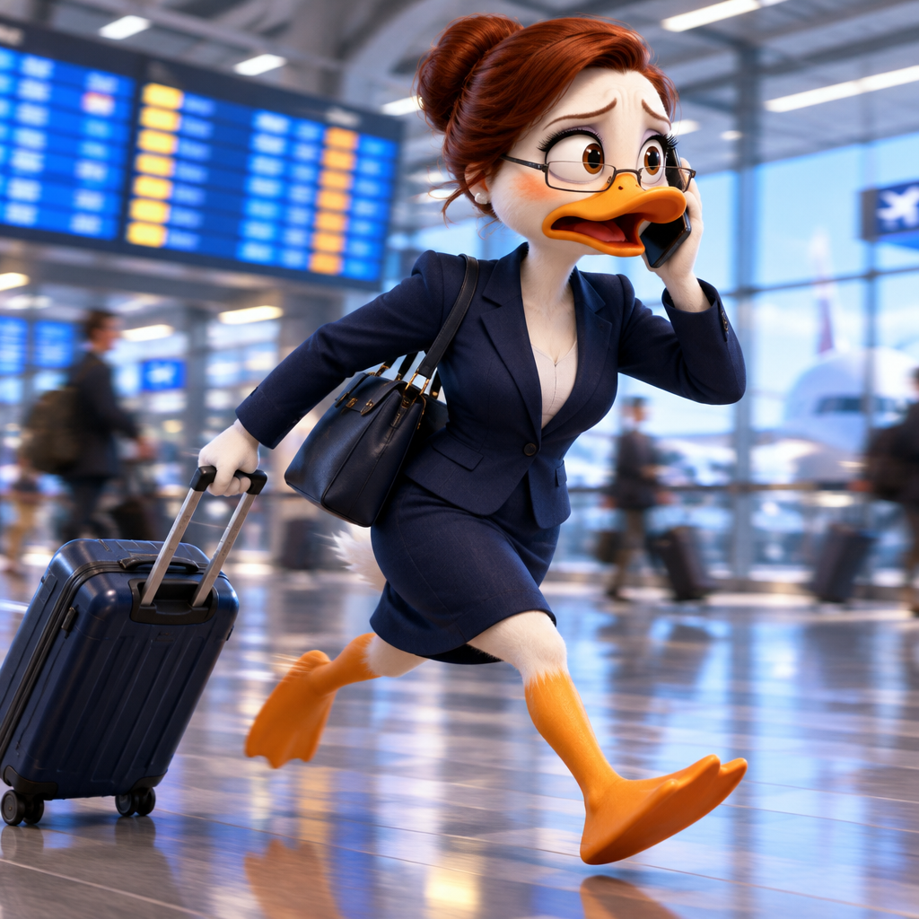 Cartoon female duck with dark red hair in a bun, glasses, and a navy power suit sprinting through an airport with a rolling suitcase and a phone held to her head