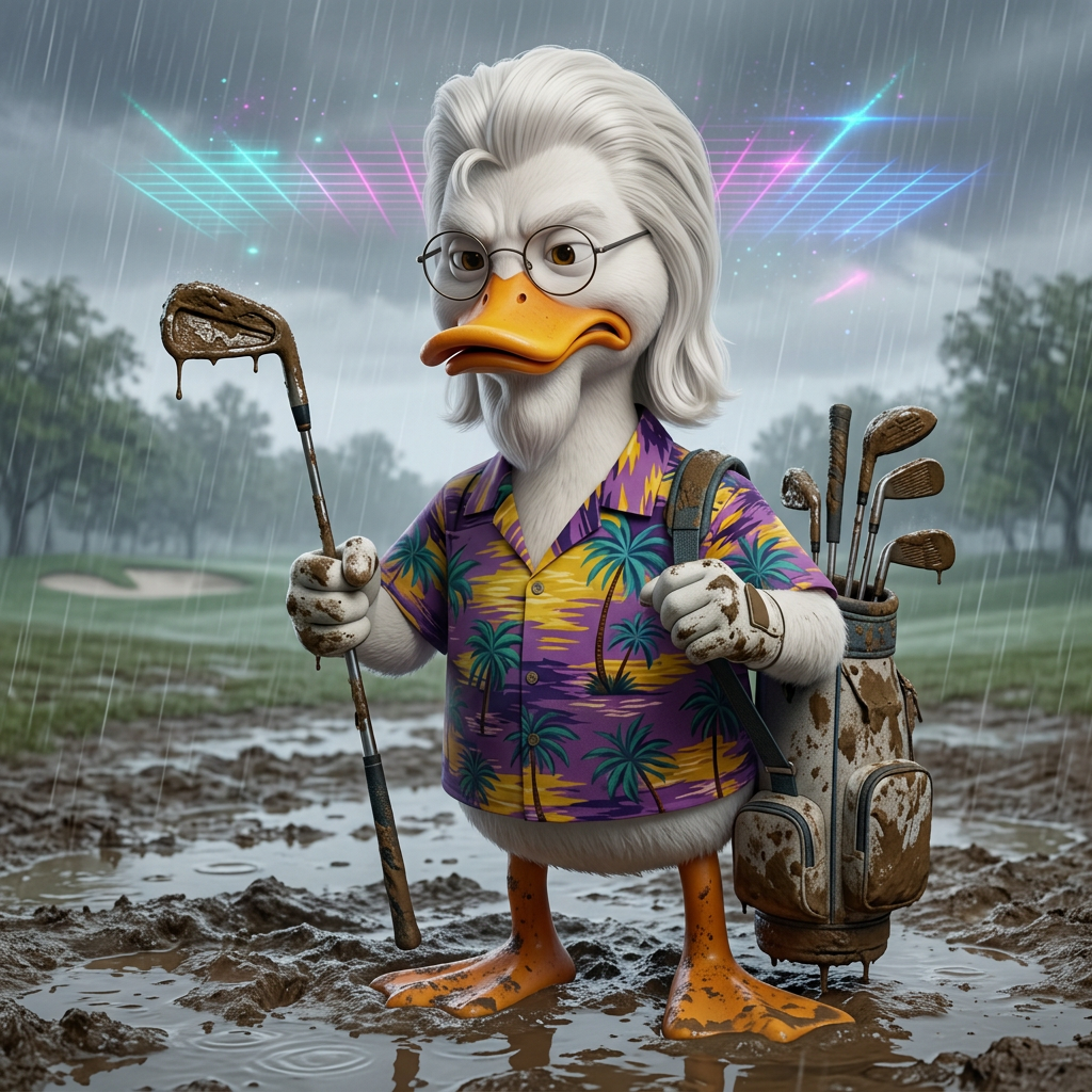 Cartoon duck in a Hawaiian shirt standing in a muddy, rain-soaked fairway holding a mud-caked golf club