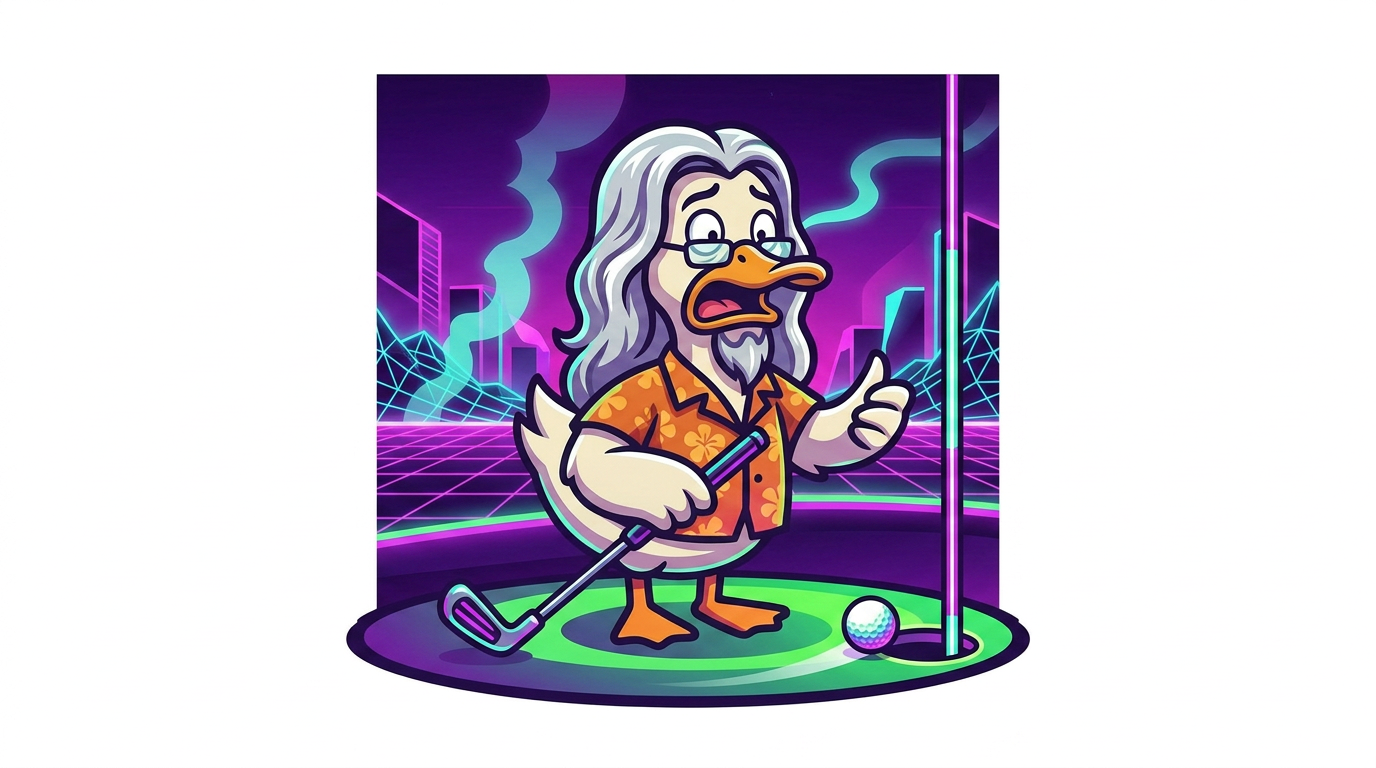 Cartoon duck in a Hawaiian shirt leaning on a putter, staring in disbelief at a golf ball that lipped out of the hole