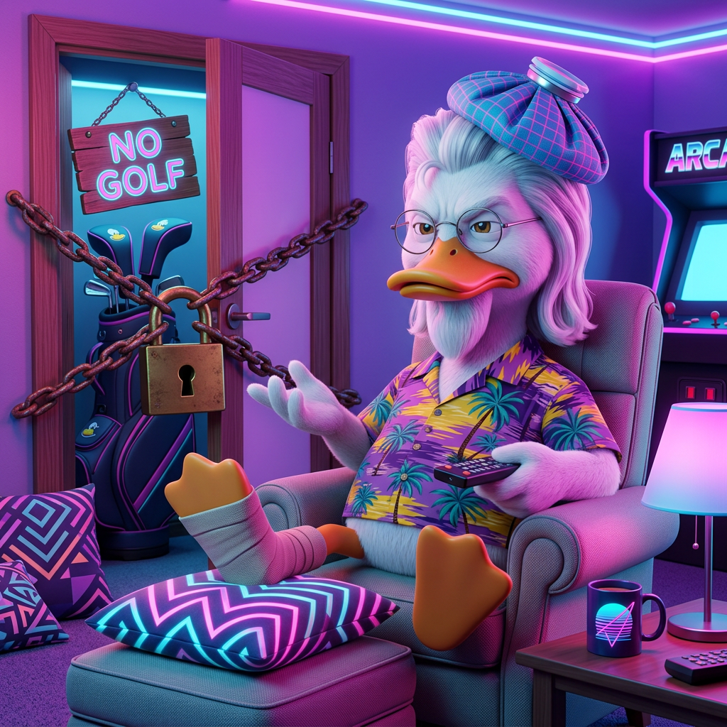 Cartoon duck in a Hawaiian shirt and ice pack recovering in a recliner while his chained and padlocked golf bag sits behind a NO GOLF sign