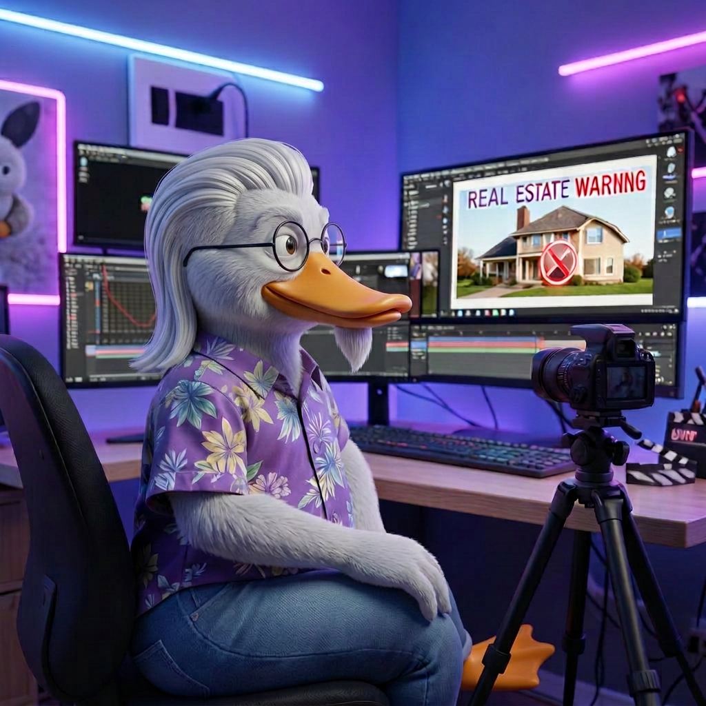 Cartoon duck at a video production desk with multiple monitors showing a real estate scam warning and editing timeline