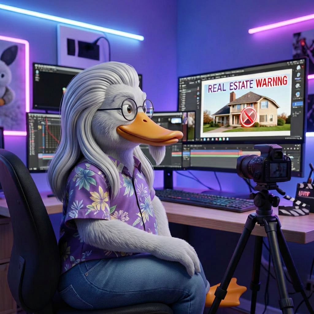 Cartoon duck at a video production desk with multiple monitors showing a real estate scam warning and editing timeline