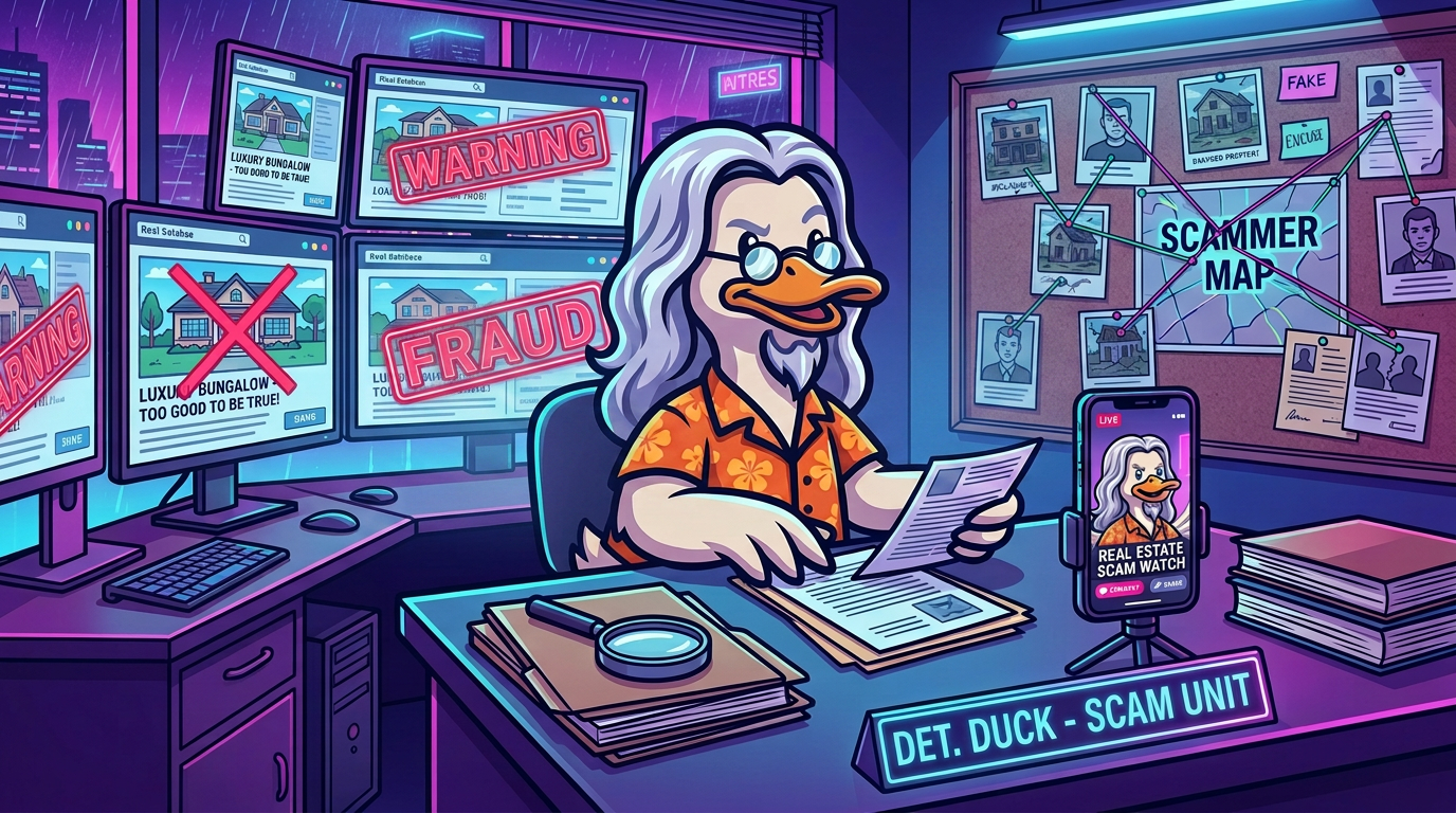 Cartoon duck at a desk investigating fake real estate listings with warning labels and a scammer corkboard