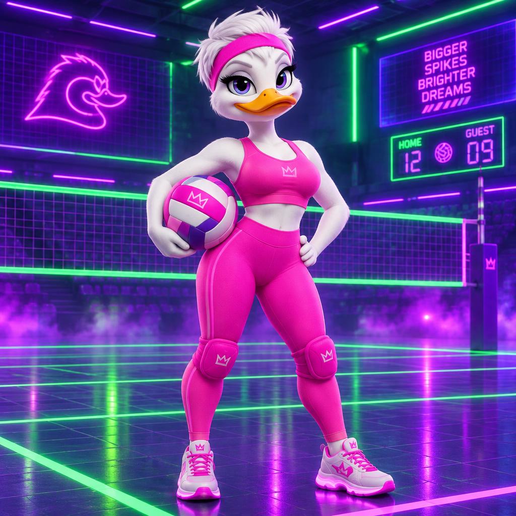 Cartoon female duck with a white pixie haircut, pink headband, pink gymwear, and pink knee guards holding a volleyball in a neon-lit volleyball court