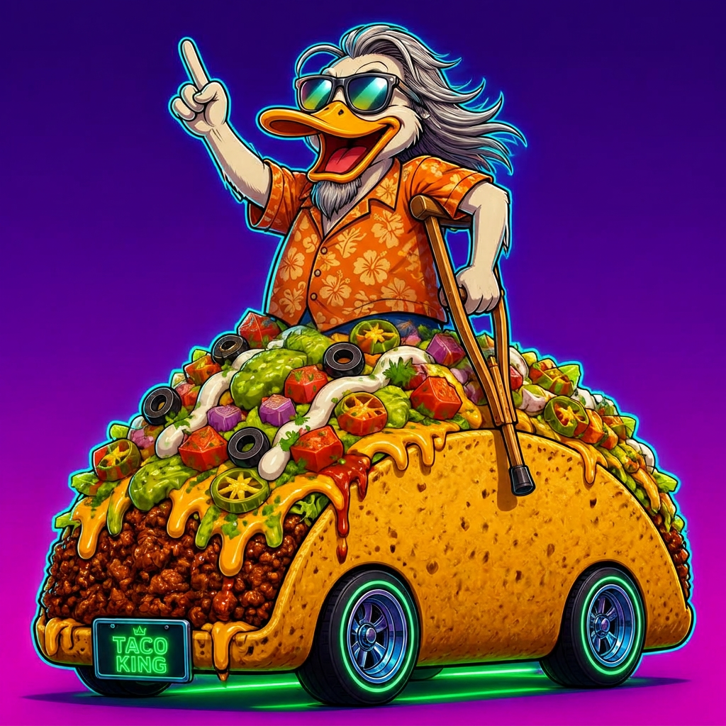 Cartoon duck in a Hawaiian shirt riding an oversized taco like a vehicle, pointing up with one arm and holding a crutch with the other