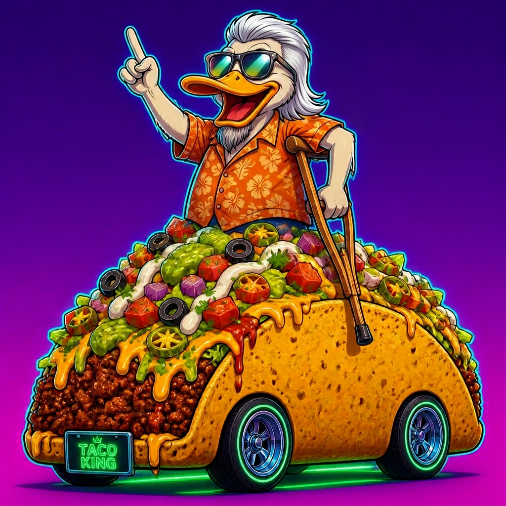 Cartoon duck in a Hawaiian shirt riding an oversized taco like a vehicle, pointing up with one arm and holding a crutch with the other
