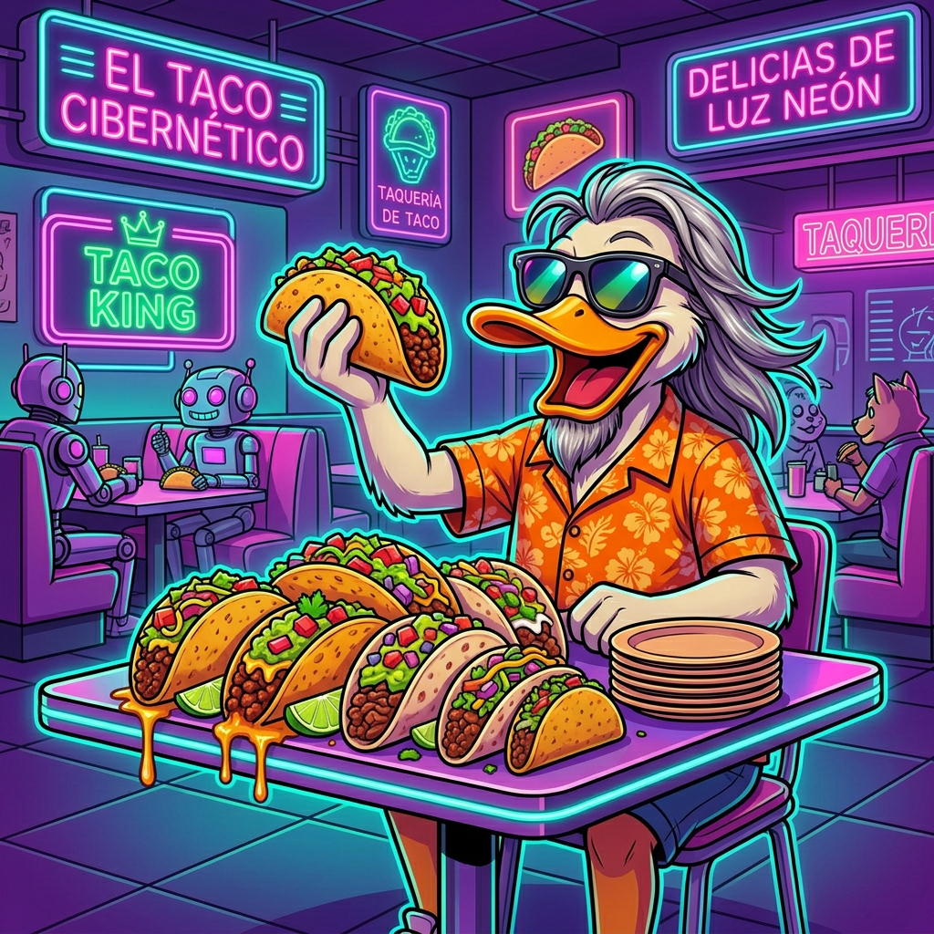 Cartoon duck at a taqueria table piled with tacos, holding one up happily