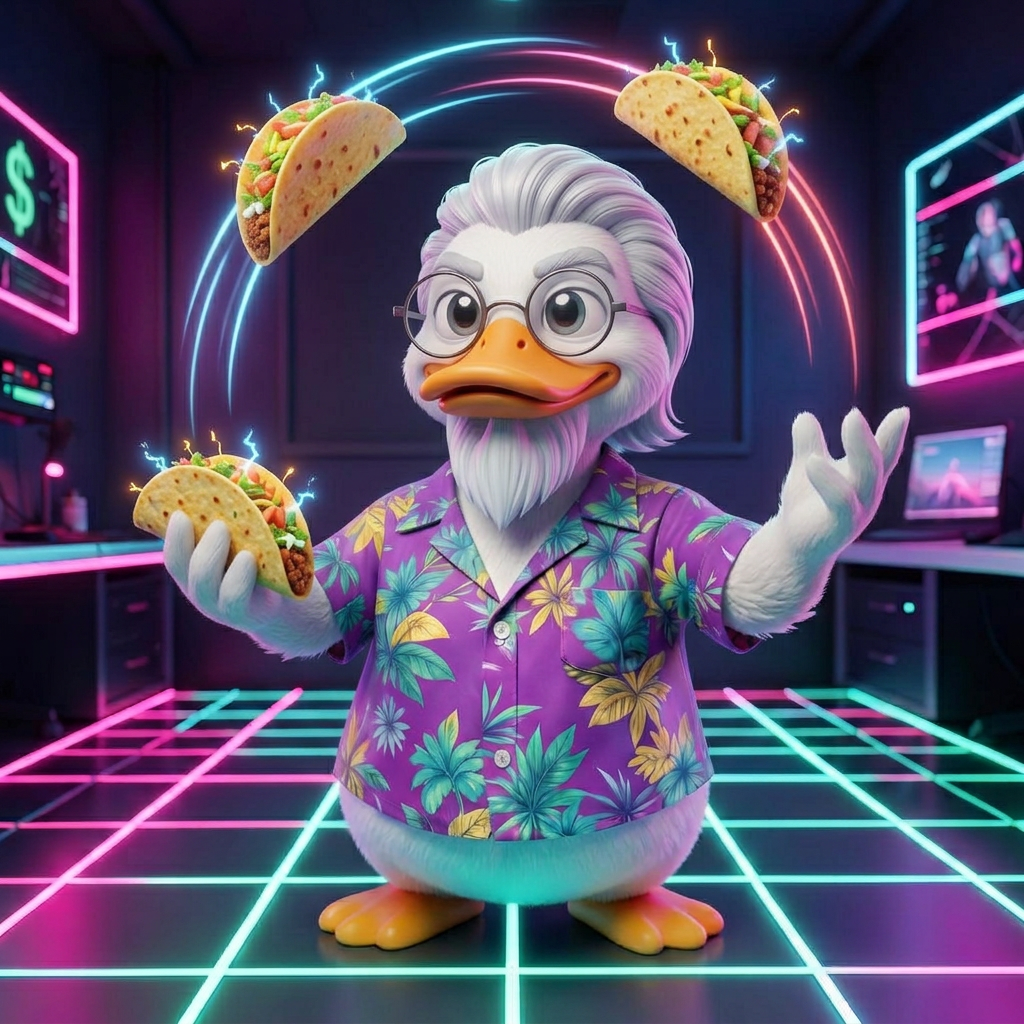 Cartoon duck juggling three glowing neon tacos in a synthwave studio