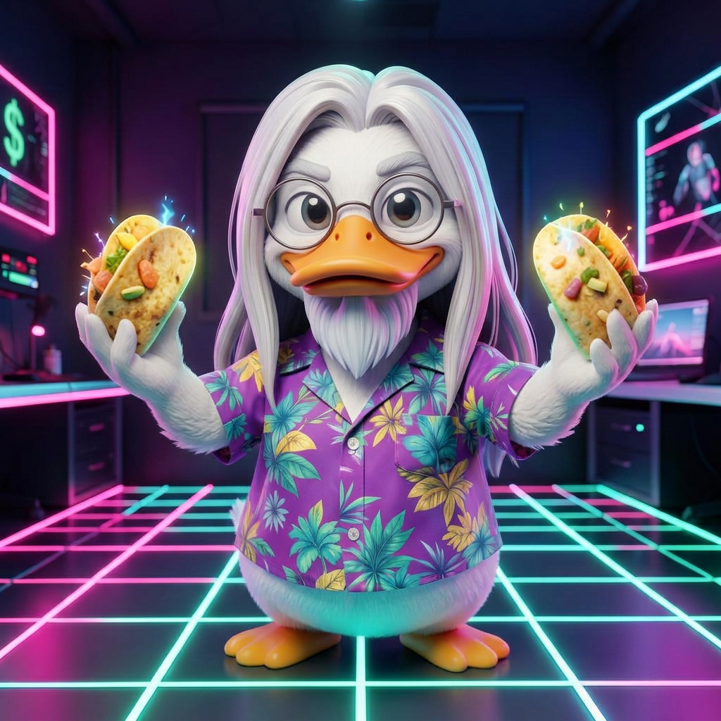 Cartoon duck in a Hawaiian shirt juggling three glowing neon tacos in a synthwave studio