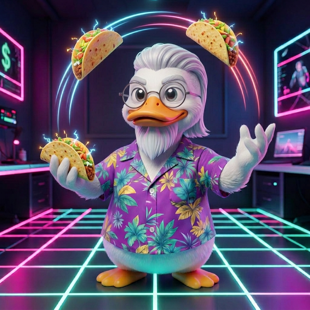 Cartoon duck juggling three glowing neon tacos in a synthwave studio