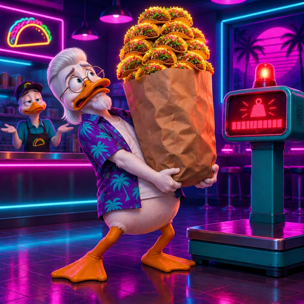 Cartoon duck leaning back under the weight of an enormous paper bag stacked high with glowing tacos while a digital scale beside him glows with a red overload indicator