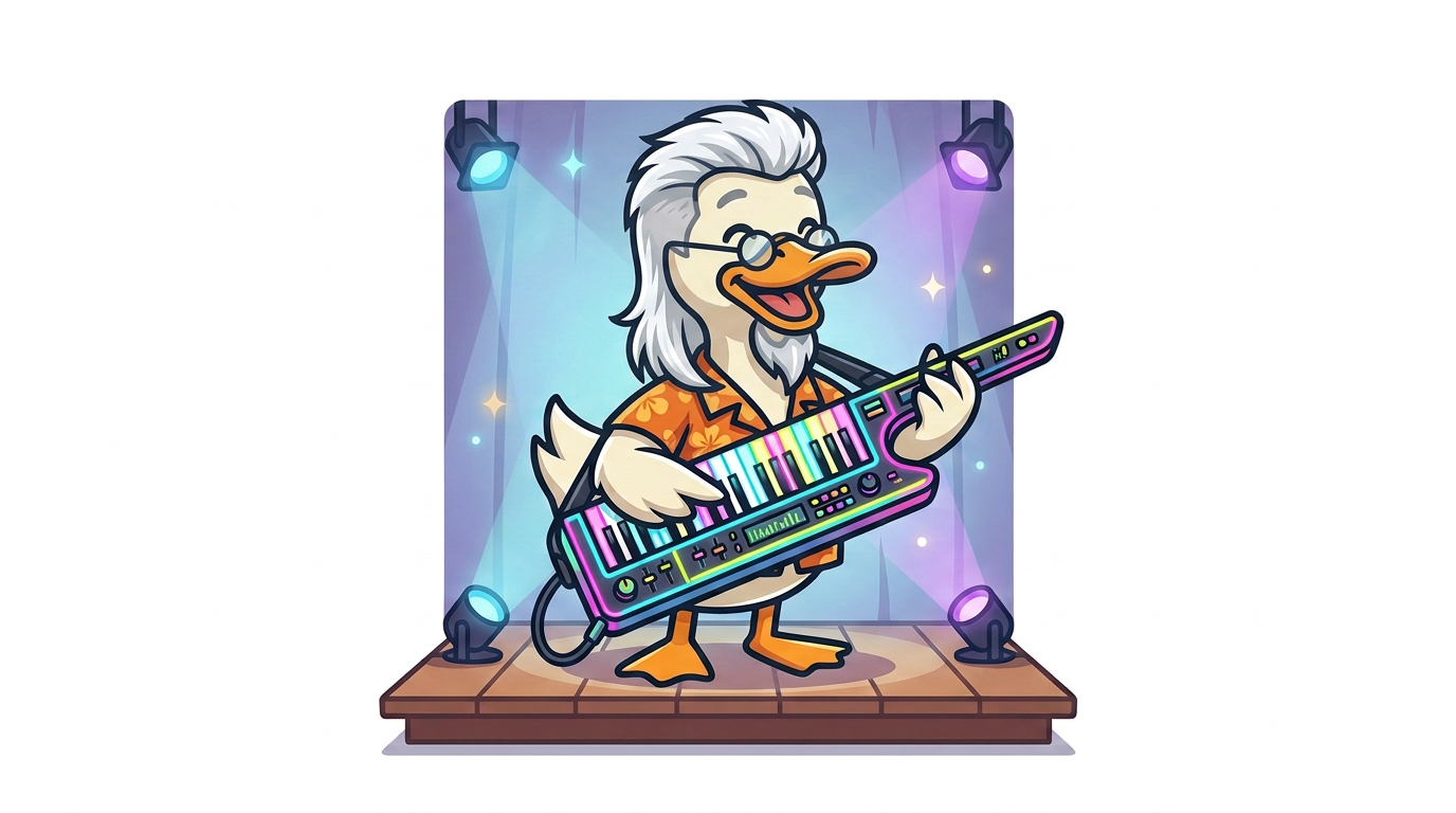 Cartoon duck in a Hawaiian shirt playing a neon keytar on stage