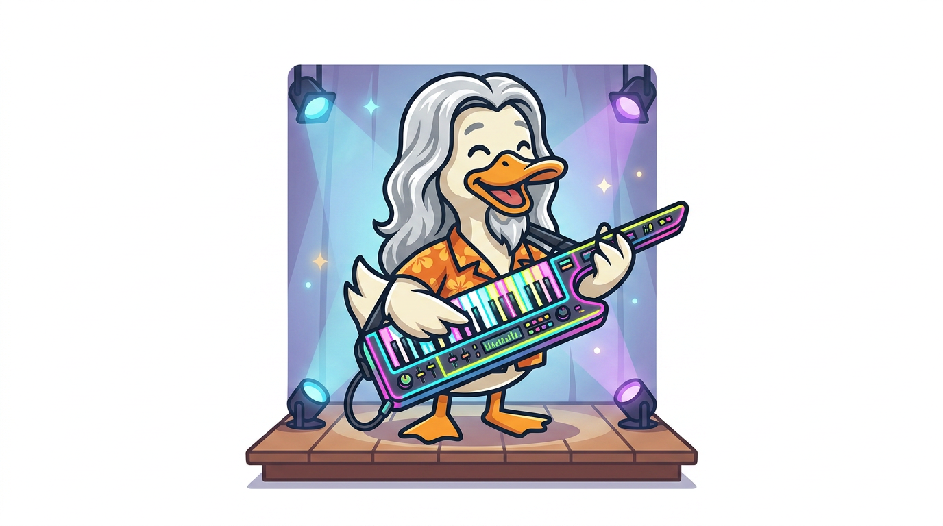 Cartoon duck in a Hawaiian shirt playing a neon keytar on stage