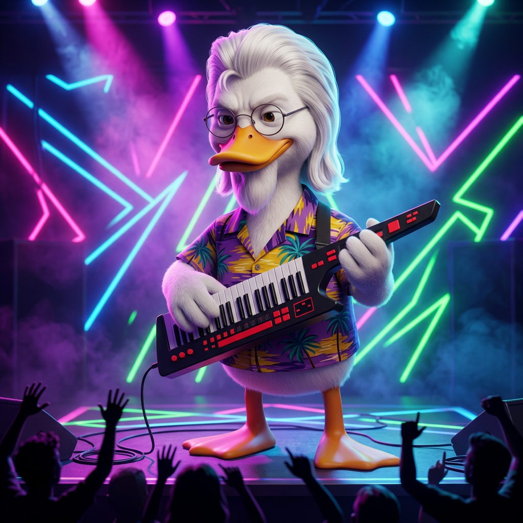 Cartoon duck in a Hawaiian shirt playing a black and red keytar on a neon-lit club stage