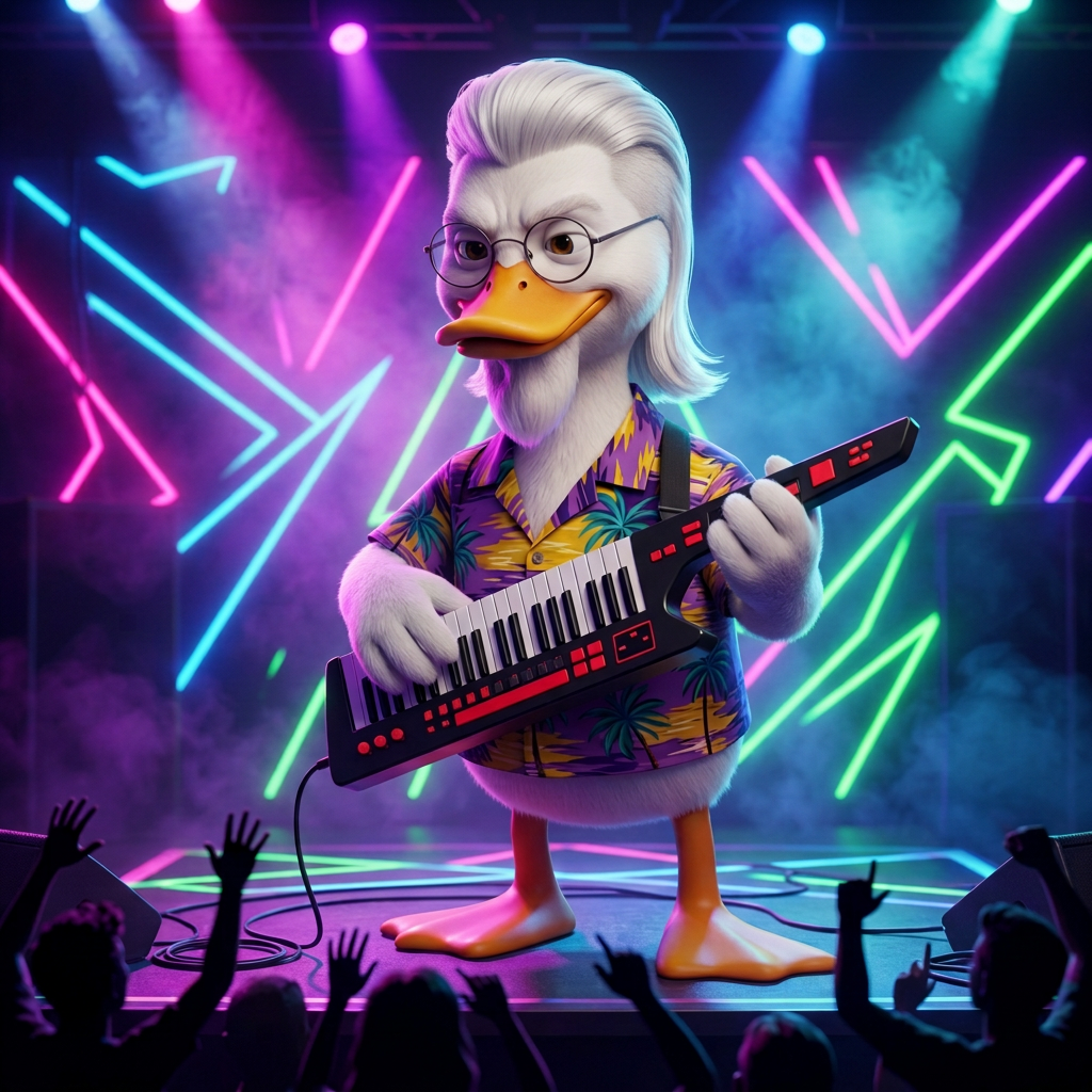 Cartoon duck playing a neon keytar on a packed stage with a band under bright festival lights