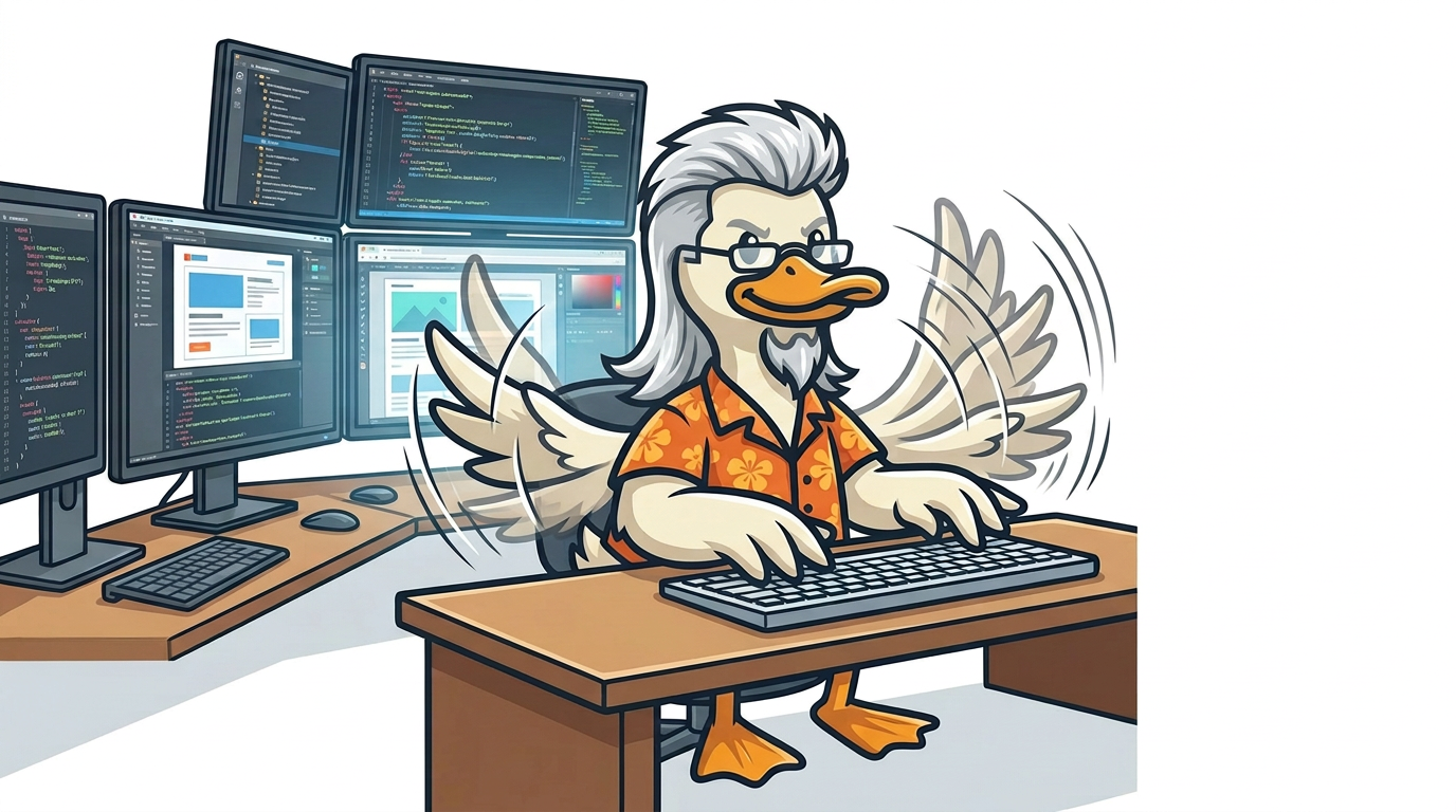 Cartoon duck typing furiously at a desk with multiple monitors of code and website layouts
