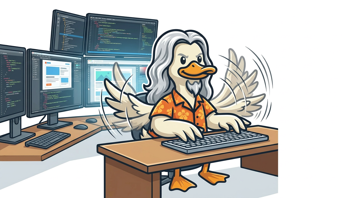 Cartoon duck typing furiously at a desk with multiple monitors of code and website layouts