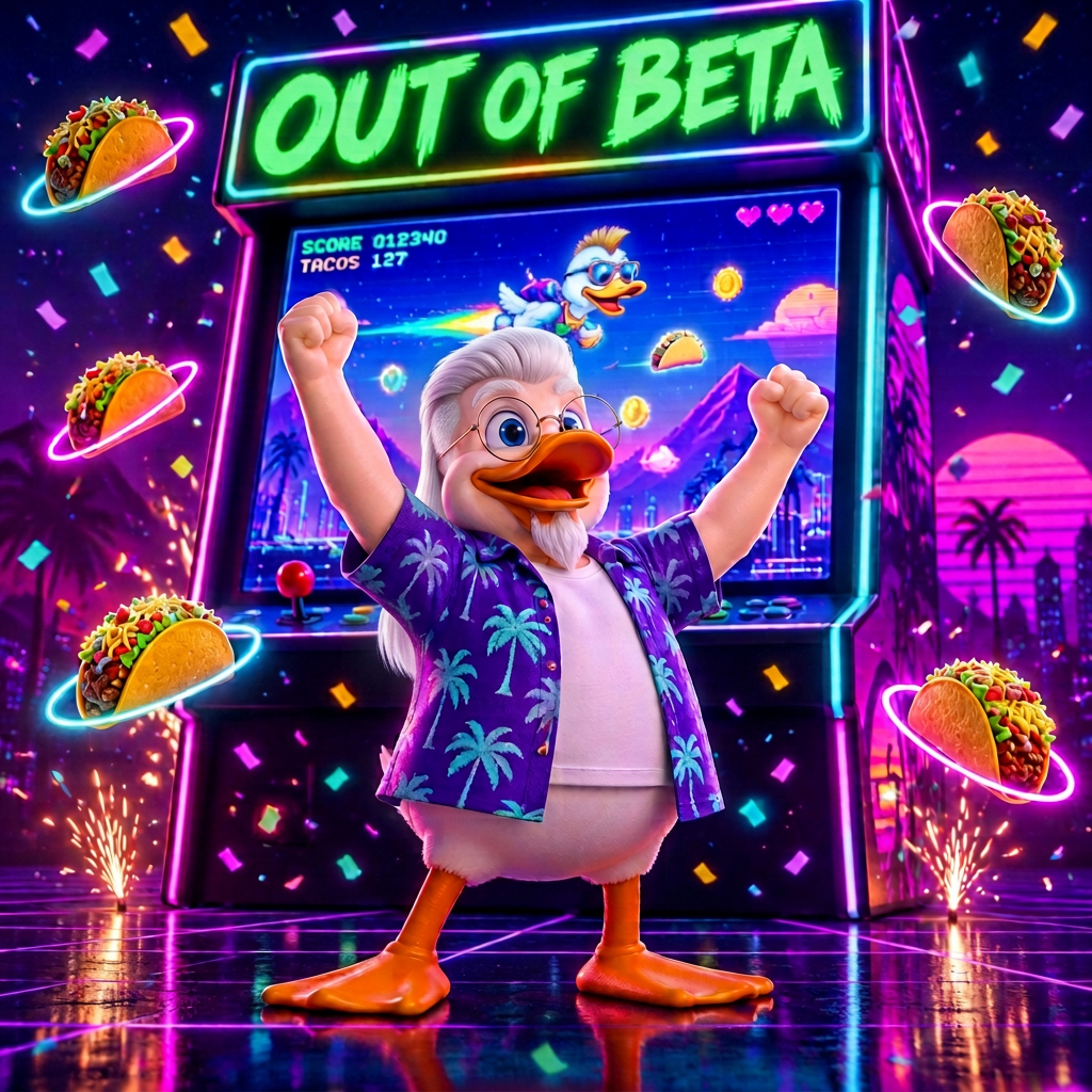 Cartoon duck raising both fists in triumph in front of a glowing arcade cabinet topped with a bright green neon sign reading OUT OF BETA