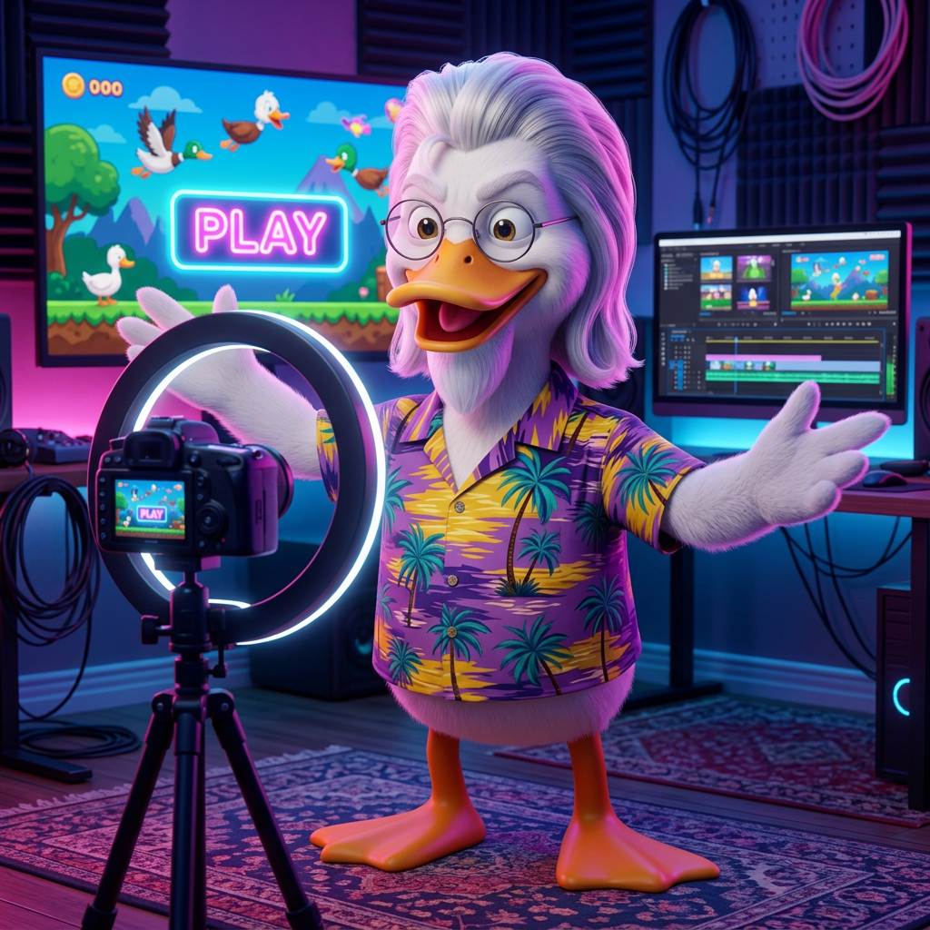 Cartoon duck hosting an excited video shoot in front of a ring light and camera, with a colorful arcade game on the monitor behind him