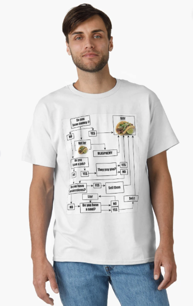 White t-shirt printed with a humorous decision flowchart about buying tacos.