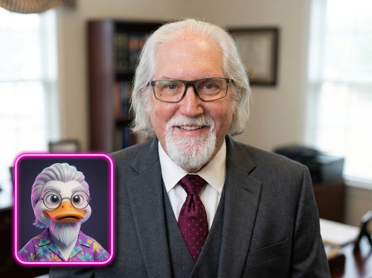 Mark Druckmiller smiling in a gray suit, with an Irving the duck picture-in-picture inset in the lower corner