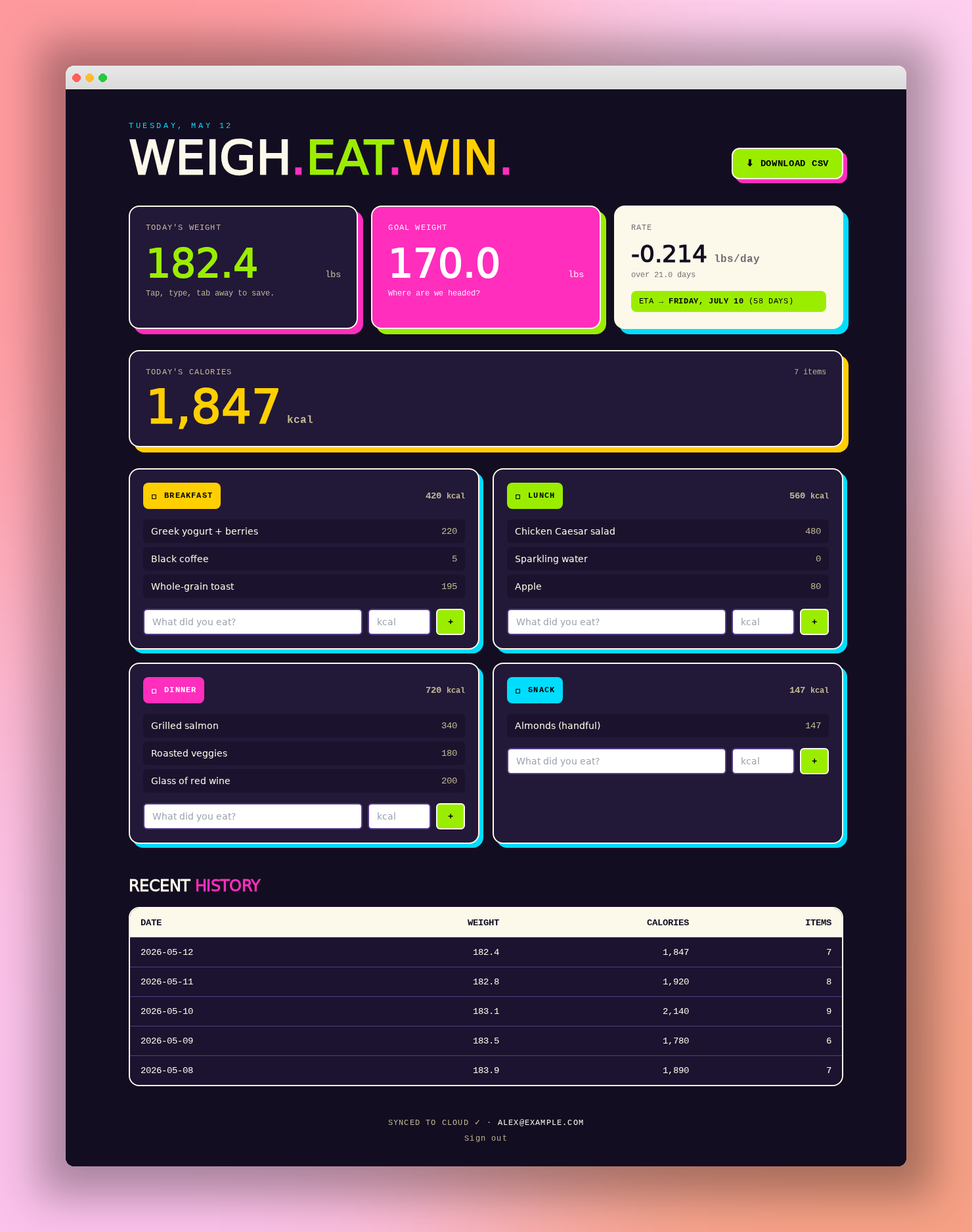 Weigh.Eat.Win. desktop mockup