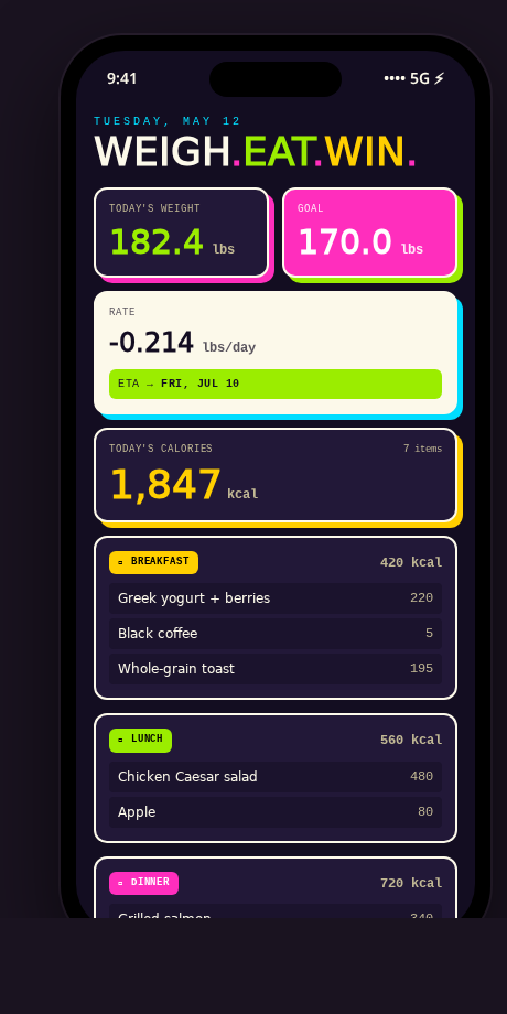 Weigh.Eat.Win. phone mockup