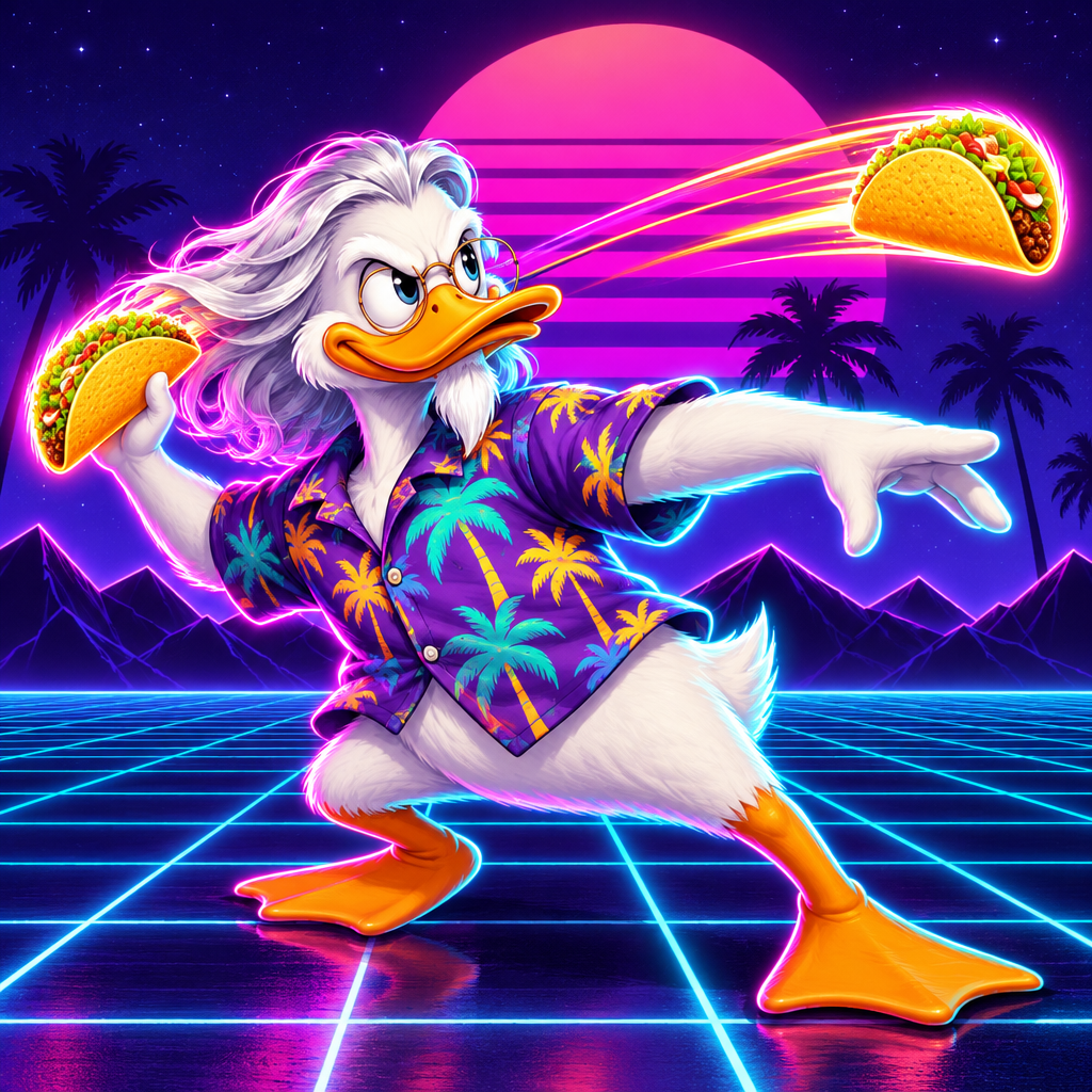 Cartoon duck mid-throw across a neon synthwave grid promoting the Yeet 'N' Greet game